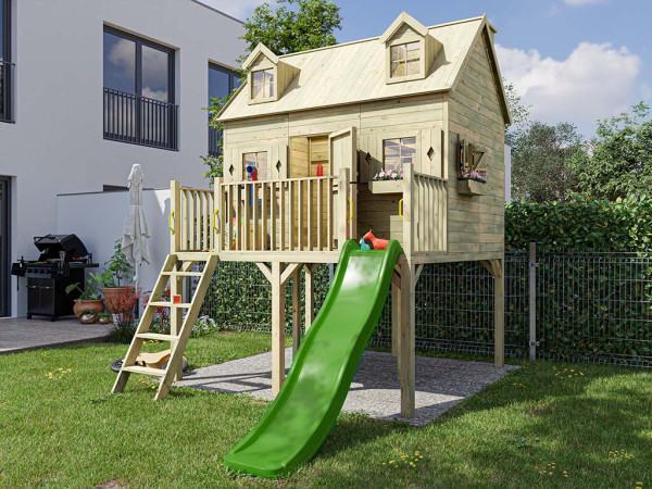 Maison sur pilotis Madrid KDI avec toboggan vert
