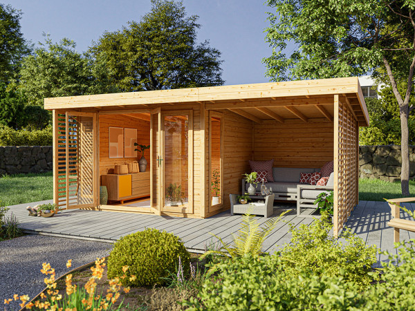 Abri de jardin Homeoffice Arvo 28 mm naturel avec annexe de 250 cm