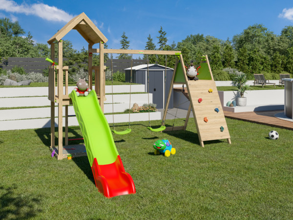 Tour de jeu Malou avec portique. 2 balançoires, plateforme d’escalade à toboggan vert/rouge
